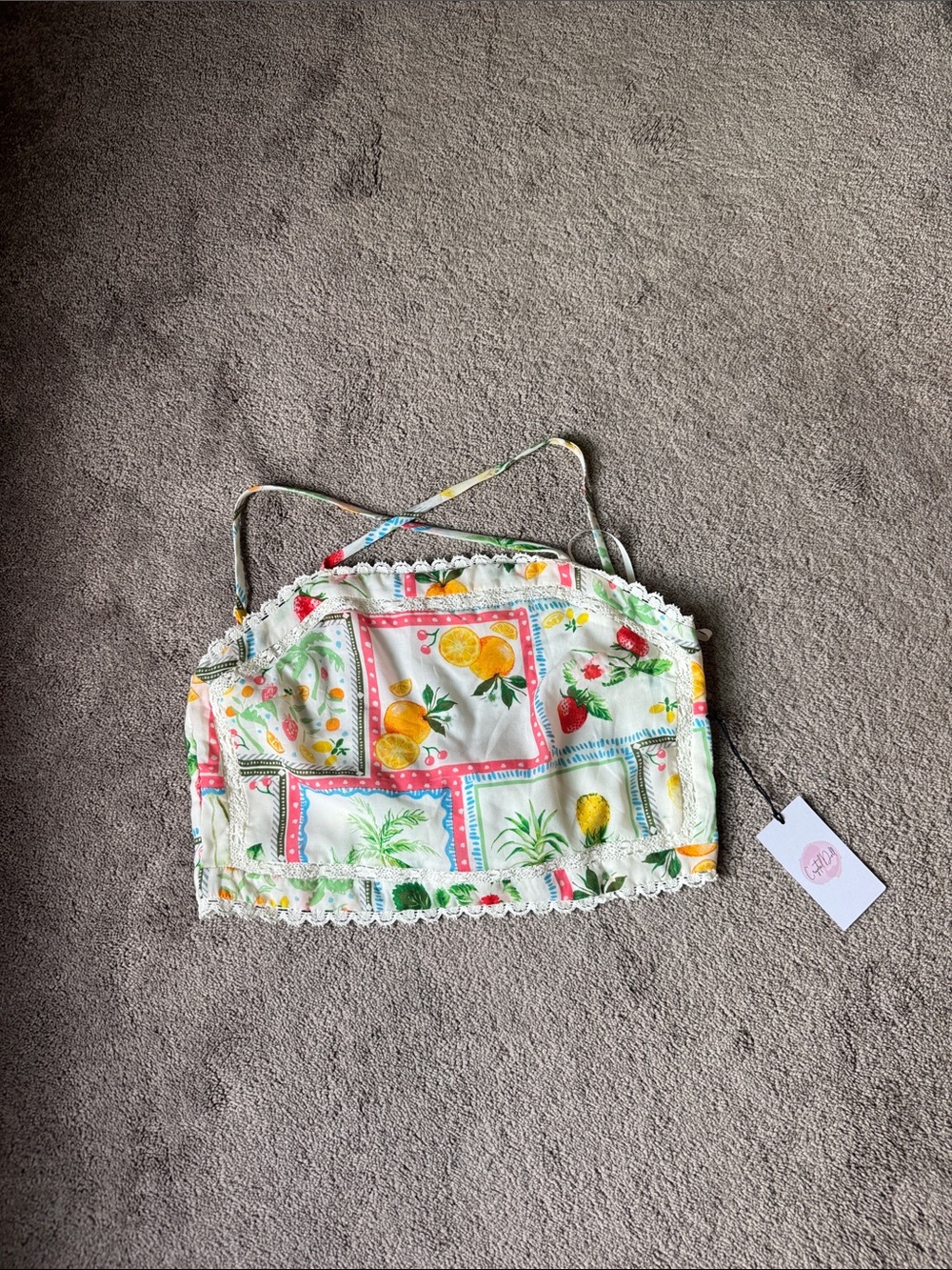 Crystal Doll Fruit Print Lace Trim Halter Tie Back Crop Top Cottagecore SIZE L